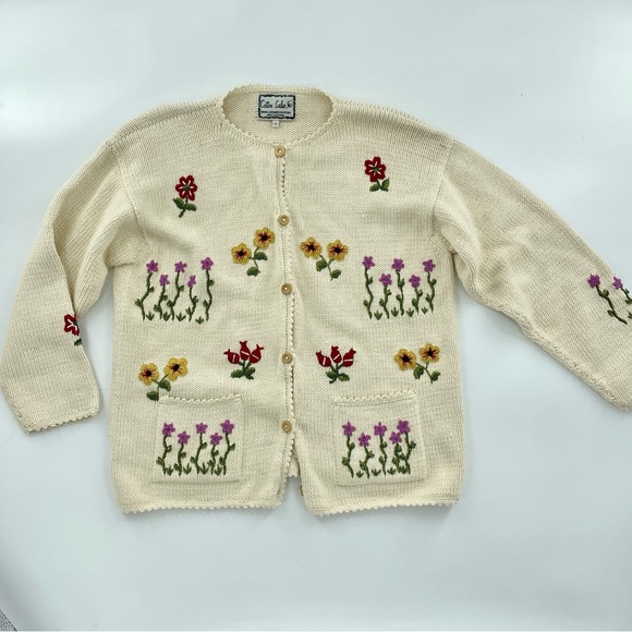 Cotton Salsa Sweaters - Cotton Salsa Hand Made Knit in Peru Novelty Neutral Wildflower Stitched Sweater
